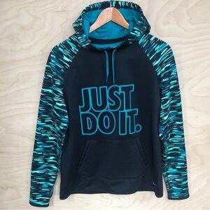 Nike Therma Fit Pullover Hoodie Black Aqua Blue Trim Unisex Womens Size M.